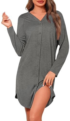 Crewhpo Nachthemd Damen Langarm Baumwolle mit Knopfleiste | Weiches Angenehmes Material, Einfacher Zugang in der Nacht, Bequem beim Sitzen, für Ruhige Nächte, als Bequeme Loungewear