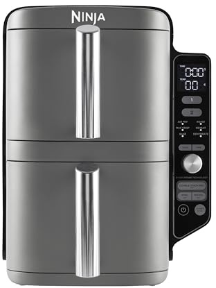 Ninja Double Stack XL Air Fryer Heißluftfritteuse, 9,5L Airfryer, Doppelkorb-Heißluftfritteuse mit 4 Kochstufen, 2 Körben, 2 Rosten, platzsparendes Design, 6 Kochfunktionen, 8 Portionen, Grau SL400EU