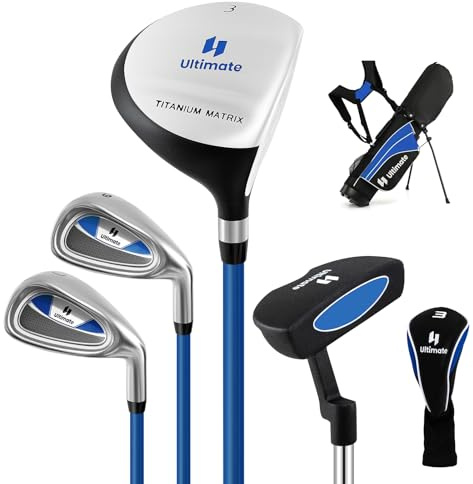 COSTWAY 5-teiliges Kinder Golfschläger Set, Rechtshänder Golf Set mit 3 Fairway, 7/9 Eisen, Putter, Regenhaube & Golftasche, Golfschlägersätze für Kinder von 11-13 Jahren (Blau)