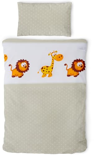 Gräfenstayn® 2-TLG. Kinderbettwäsche Set mit Tiermotiv und integriertem Reißverschluss - aus 100% Baumwolle (Renforce-Qualität) - Deckenbezug 135x100cm und Kissenbezug 60x40cm (Giraffe & Löwe)