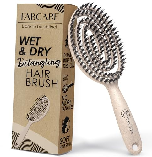 FABCARE Bio Haarbürste Wildschweinborsten Rund mit Ebook - Detangler-Bürste Doppelspiralfeder ohne Ziepen - Profi Entwirrbürste für Haartypen - Haarbürste Damen (Natur)