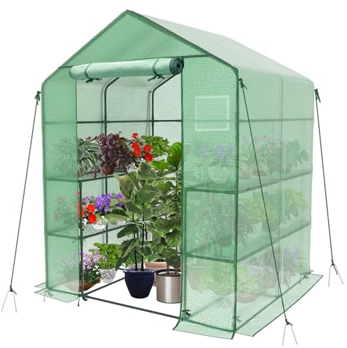 VOUNOT® Gewächshaus Foliengewächshaus, begehbares Gartenhäuschen mit 8 Regalebenen, Tomatenhaus Tomatengewächshaus, Grün 143x143x195cm