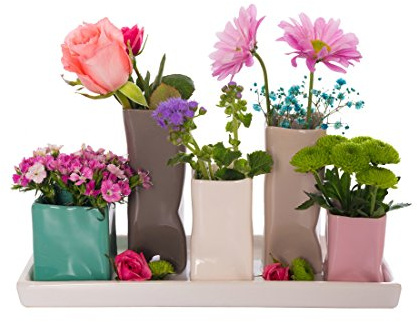 Jinfa Handgefertigte kleine Keramik Deko Blumenvasen Set aus 5 Vasen in bunt