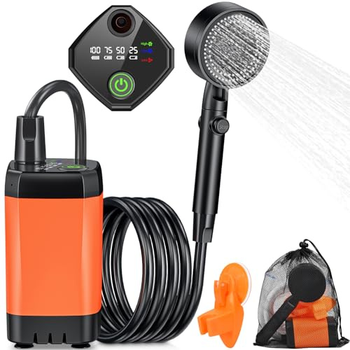 Rsaoty Campingdusche mit Pumpe, 3000mAh Campingdusche Akku Camping,Mobile Duschen Außenduschen mit Duschkopf und 2M Schlauch,intelligenter Digitalanzeige,für Garten, Strand,Haustier,Autowaschen