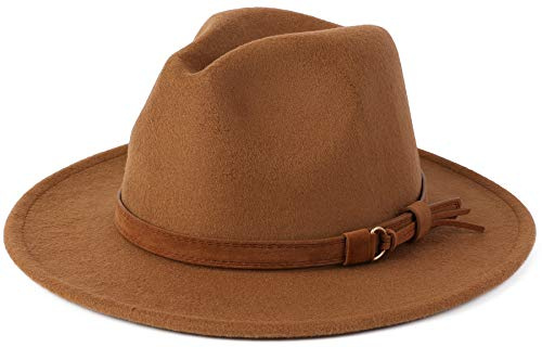 Besoogii Klassische breite Krempe Damen Herren Fedora Hut mit Gürtelschnalle Filz Panama Hut