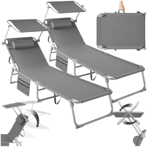 tectake® 2er Set Sonnenliege klappbar und tragbar, Liege mit Seitentasche, Strandliege, Gartenliege mit Dach, Liegestuhl mit Verstellbarer Rückenlehne, Kopfkissen - für Balkon, Terrasse (grau)