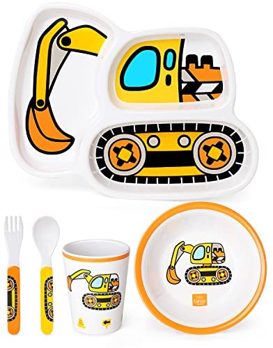 Lehoo Castle Kindergeschirr Set, 5-teilig, Bagger Design, BPA-frei | Teller, Schüssel, Becher, Löffel und Gabel, BPA-frei, Leicht zu Greifen, Kinderbesteck, Bagger Motiv, Für Jungen und Mädchen