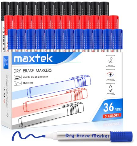 maxtek Whiteboard Marker, 36 Abwischbare Stifte mit Rundspitze, 3 Farben | Flipchart Markers, Schwarz, Blau, Rot, Spitze ca.2-3mm, Hohe Qualität Geruchsarme Tinte, Zubehör für Schule, Büro, Zuhause