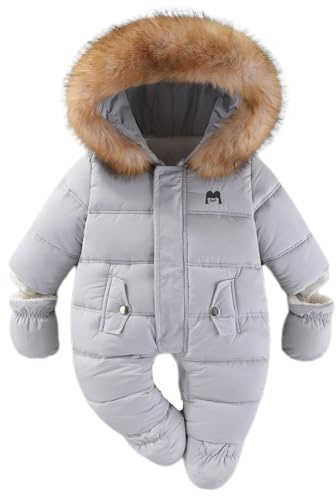 BRONG Baby Winter Schneeanzug Kleinkind Vlies Strampler mit Kapuze Jumpsuit Säugling Overall Jungen Mädchen Warm Reißverschluss Oberbekleidung mit Handschuhen Grau 9-12 Monate