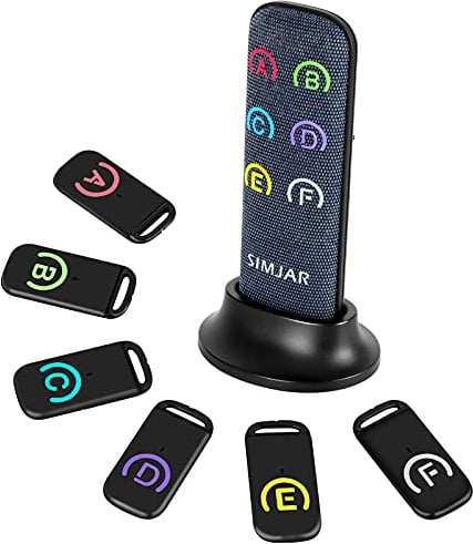 Schlüsselfinder mit dünneren Empfängern und fortschrittlicher Stofffernbedienung, Simjar 80 dB+ RF Item Locator mit 131 Fuß Reichweite, 1 RF-Sender und 6 Empfängern