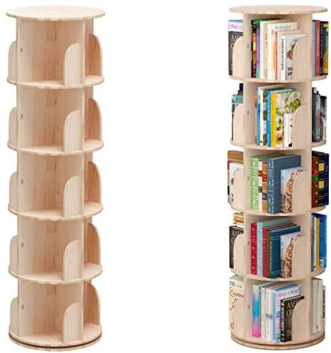 PTUWODS Drehbares Bücherregal, Standregal, 360 Grad, Lagerregal für Bibliothek, Schlafzimmer, Wohnzimmer, multifunktionales Bücherregal Massivholz (5 böden)