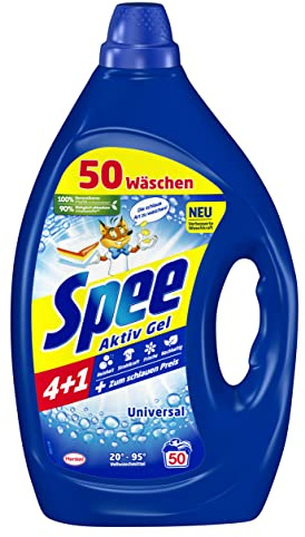 Spee Aktiv Gel Universal 4 + 1 Waschmittel (50 Waschladungen), Flüssigwaschmittel mit 4 + 1 Formel vereint Reinheit, Strahlkraft, Frische & Nachhaltigkeit, 20° - 95° C