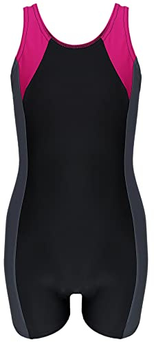 Aquarti Mädchen Badeanzug mit Bein Ringerrücken – Sport Badeanzug Mädchen mit Bein und Racerback, Chlorresistent, Farbe: Schwarz/Graphit/Amarant, Größe: 152