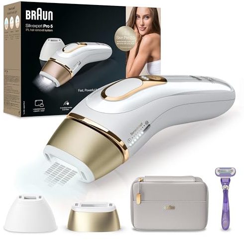 Braun IPL Geräte Haarentfernung Silk·expert Pro 5, PL5157, Weiß/Gold | Alternative Laser Haarentfernung für Zuhause, Dauerhafte Haarentfernung, Inkl. Etui, Gillette Venus Rasierer Und 2 Aufsätze