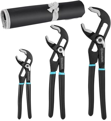 DURATECH 3-tlg. Wasserpumpenzangen-Set, 200 mm, 250 mm, 300 mm, Cr-V Stahl | Schnellverstellung, Breite Backe, Chrom-Vanadium-Stahl, Rutschfester Ergonomischer Griff, Sanitär & Reparatur, Rolltasche