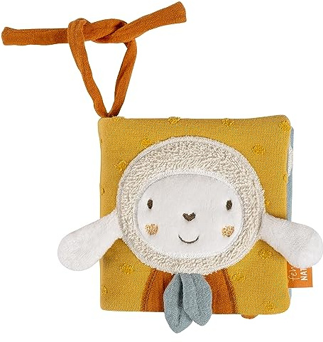 Fehn Stoffbuch Schaf – Buggybuch aus Stoff – Babyspielzeug Buch mit Quietsche, Raschelpapier und Spiegel – Babybuch mit Befestigungsschnüre – Fühlbuch für Babys und Kleinkinder ab 0+ Monaten