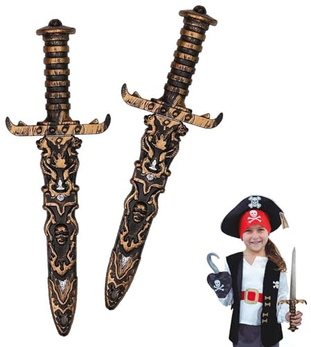 MisFun 2 Stück Dolch Kunststoff, Antiker Silberner Dolch Spielzeugschwert Nicht Scharf Gefälschtes Messer, Piratenschwert für Piratenkostüm Zubehör, Piratenparty Requisiten (Gold)