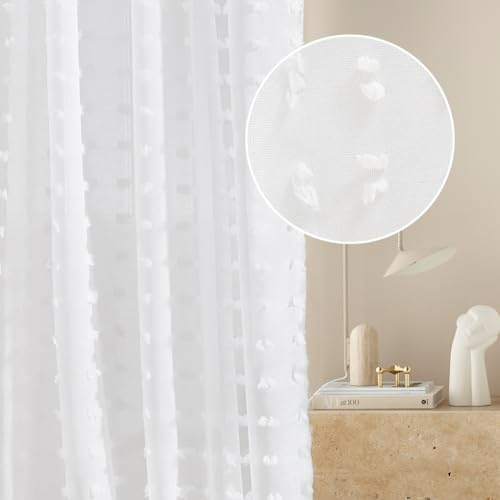 room99 Gardine mit Kräuselband Casablanca 140 x 250 cm Breite x Höhe Wohnzimmer Transparent modern Vorhang Schal Wohnzimmer Schlafzimmer für Schinensystem Weiß Pompons, 1 Stück
