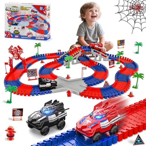 Spider Autorennbahn Set mit 2 Elektroautos - Auto Rennbahn Spielzeug ab 3 4 5 6 7 8 Jahre Junge Mädchen, Kleinkind Autobahn Flexible Track Spielset, Kinder Weihnachten Geburtstag Geschenk (212 PCS)