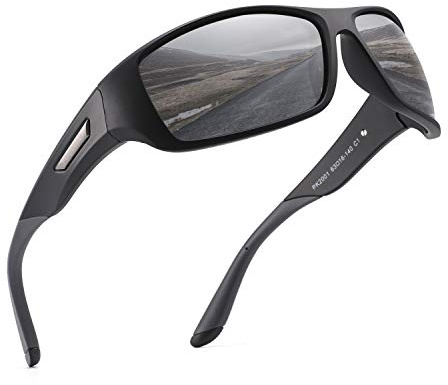 PUKCLAR Sonnenbrille Herren Polarisierte Sportbrille Radsportbrillen Fahrerbrille Damen UV400 Schutz, L, C1 Schwarzer Rahmen / Cat 3 Grau