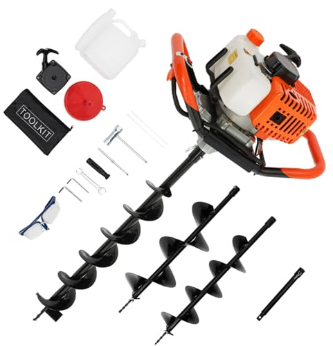 Benzin-Erdbohrer 52cc mit 3 Bohrern (100/150/200mm) | 1,98PS & 108cm Bohrtiefe | Kraftstoffsparend 600g/kWh + Vibrationsdämpfung | Inkl. Verlängerung & Zubehörset – für Gartenbau/Pfahlsetzung