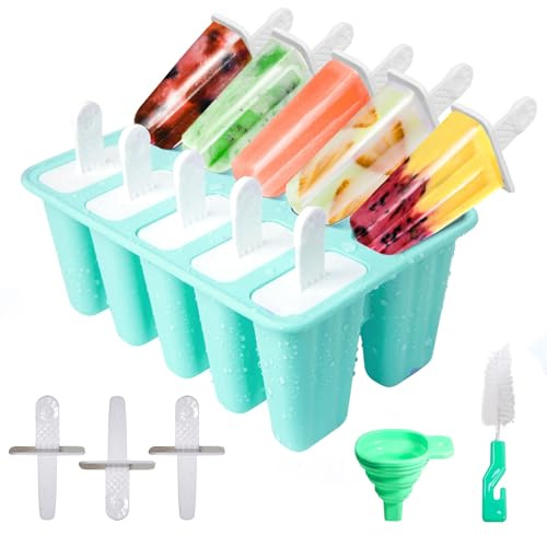 Antihaftende Eisformen Silikon mit Silikontrichter und Reinigungsbürste | 10 Hohlräume Eis Am Stiel Formen, Antihaftende DIY Eisformen Eis am Stiel Spülmaschinenfest BPA-frei