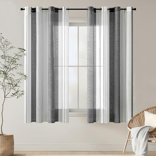MIULEE Voile Kurz Gardinen Grau-Weiß mit Ösen 2er Set 140x160 cm | Halbtransparenter Voile mit Streifenmuster für Wohnzimmer, Schlafzimmer und kleine Fenster.