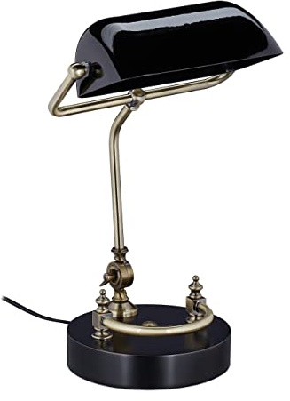 Relaxdays Bankerlampe, Glasschirm, Holzfuß, neigbare Bibliothekslampe, E27-Fassung, Schreibtischlampe Retro, schwarz