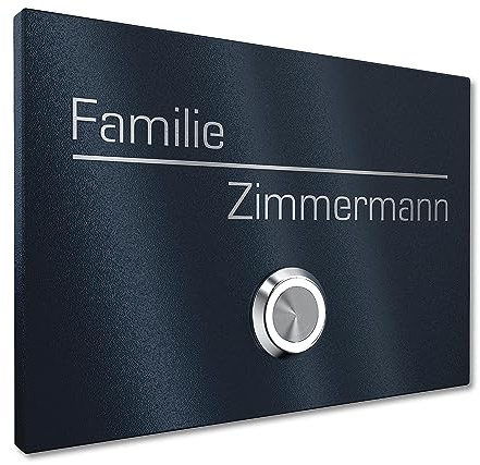Klingelschild aus V2A Edelstahl mit Gravur von Graviers Design – Pulverbeschichtet in RAL 7016 – LED Klingeltaster – Türklingel – Made in Germany