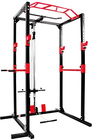 Ultrasport Power Rack, Eignung Zahnstange, multifunktionales Zahnstange für effektives Ganzkörpertraining, massiv Stahlkonstruktion, Perfekt für Anfänger und Profis, Homegym, Eignungturm, Schwarz/Rot