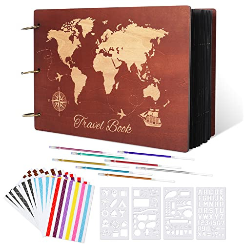 Travel Scrapbooking-Fotoalbum aus Holz 100 Seiten, DIY Selbstgestalten Scrapbook Alben mit Zubehör, Weltkarte Sammelalbum Reise Foto, Geschenk Scrapbooking Foto für Geburtstags Reisetagebuch, Jubiläum