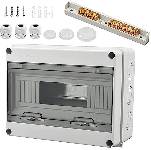 Sicherungskasten Aufputz, Verteiler IP65-1 Reihig-12 Module | Mit 7 Terminals 3 Steckverbinder, Geeignet für Gärten im Freien, Bauernhöfe, Ladesäulen, Feuchtraum