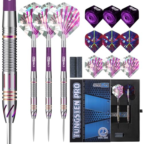 CyeeLife Tungsten Darts Set 23 Gramm,Professionelles Steel Darts mit 3 Schäften, 9 Flights und 1 Sharpener, Dartpfeile mit Metallspitze (Lila)