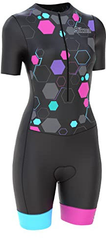 Radsport-Skinsuit für Damen, gepolstert, einteilig, Trisuit, Bike-Top, kurz, sublimiertes Design, schwarz/pink