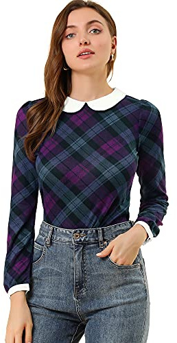 Allegra K Damen Bubikragen Bluse Oberteil Langarm Panel Elegant Kariert Shirt