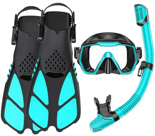 HH HHAO SPORT Schnorchelset Erwachsene mit Flossen,Schnorchelausrüstung in Reisegröße mit Kurzen Verstellbaren Schwimmflossen, Hochwertige Tauchermaske und Dry Top Schnorchel, mit Tragetasche