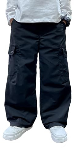 Kinder Jungen Cargohose,übergroß locker Hose mit weitem Bein,Einfarbige Lässigen geraden Arbeitshose,Frühling Wanderhose Outdoor Cargohose Freizeithose Für 8-15 Jahre (Black, 13-14Years)