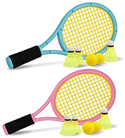 Kinder Tennisschläger mit Tragetasche,4 weiche Trainingsbälle und 6 Badminton Birdies,Plastik Tennisschläger Geschenkset für Kinder Outdoor Indoor Sport (Rosa und Blau)