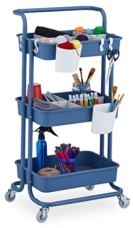 Relaxdays Rollwagen, 3 Etagen, Allzweckwagen, Hobby, Büro, Bad, blau | Küchenwagen HBT 86x43x42 cm, Metall & Kunststoff