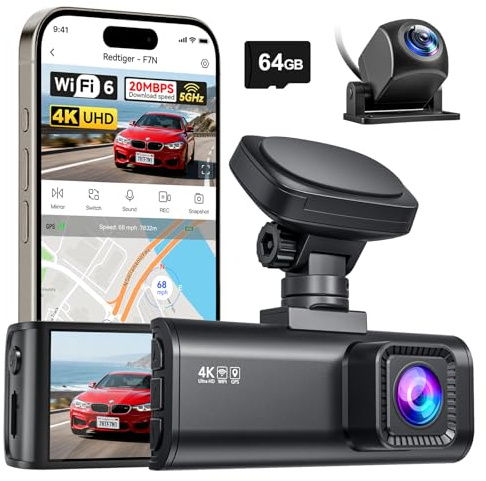 REDTIGER F7N 4K Dashcam mit WiFi GPS Vorne 4K/2.5K und Hinten 1080P Dash Kamera, Inklusive 64G Karte, 3.18 Kamera Auto, 170° Weitwinkel Dashcam Auto, Parking Monitor, Unterstützt Maximal 256GB(F7N)