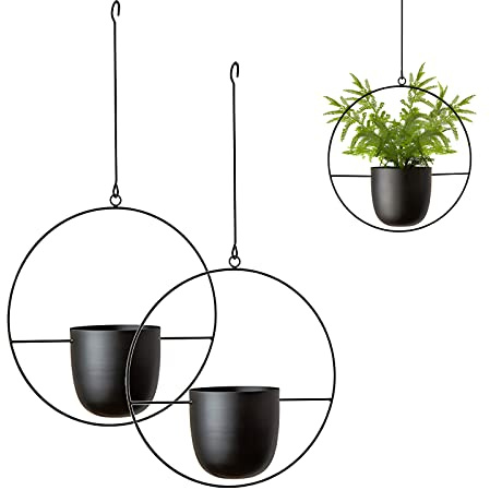 LIKEUDO 2 Stück Schwarz Metall Decke Hängende Blumentopf Hängende Blumenampel Sukkulenten Pflanzen Hängende Blumentopf Deko Blumentopf Hängende Pflanzgefäße Topf Wanddekoration Blumentopf(Round)