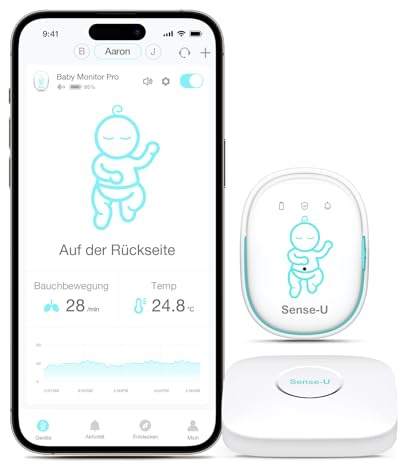 Sense-U Pro Baby-Bewegungsmonitor (große Reichweite): Erfasst Bewegung, Umdrehen & Temperatur überall, mit Vibrationswecker, akustischen Alarmen & Schlaferfassung