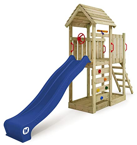 WICKEY Spielturm Klettergerüst JoyFlyer mit Holzdach & Blauer Rutsche, Outdoor Kinder Kletterturm mit Sandkasten, Leiter & Spiel-Zubehör für den Garten