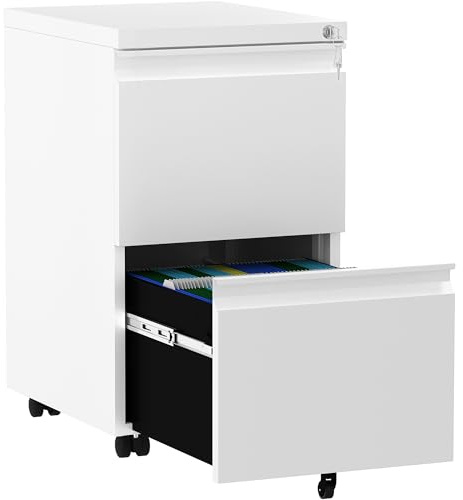 YITAHOME Rollcontainer mit Abschließbar 2 Schubladen, Mobiler Aktenschrank mit Rollen für A4, Legal, Letter, Metall Büroschrank für Home-Office, Hängeregistratur, Weiß, 51 x 39 x 71cm