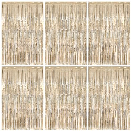 6 Stück Lametta Vorhang Champagnerfarbene, Glitzervorhang Lametta, 1m x 2m | Glitzer Party Vorhang, Folien Fransen Hintergrund fur Party Deko Geburtstagsdeko Hochzeit Festivals Bühnendekor