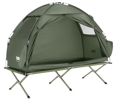 SoBuy Feldbett mit Zelt Wasserdichtes Campingzelt Wurfzelt Einzelzelt mit Lampenhaken und Schuhtaschen 2in1-Zelt 1 Person Grün BHT ca. 193x160x86cm OGS32-II-GR