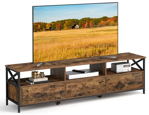 VASAGLE TV-Schrank, Lowboard für Fernseher bis zu 80 Zoll, Fernsehtisch mit 3 Stoffschubladen, 3 offenen Fächern, 178 x 40 x 50 cm, Wohnzimmer, Stahlgestell, vintagebraun-schwarz LTV303KD01