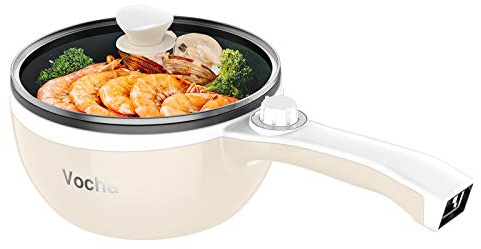 Vocha Elektrische Pfannen, Hot Pot, Antihaft-Bratpfanne Elektropfanne mit Glasdeckel, 1,5 l Mini-tragbarer Multi-Kocher für schnelles Heizen im Reise/Wohnheim, Spatel inklusive (Beige)