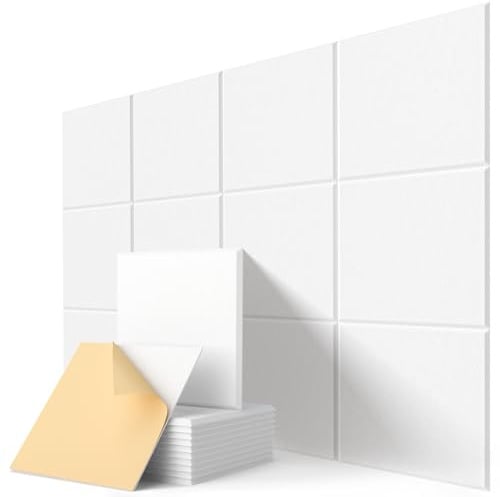 Acoustic Panels Akustikpaneele Selbstklebend für Wohnzimmer Wand | Dekorative Quadratische Schallabsorber, Zimmer Akustikplatten aus Akustikfilz, 12 Stück, ca. 1,08 m² Abdeckung, Weiß