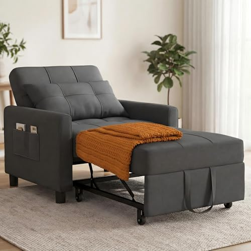 Xbro 3-in-1 Schlaferstuhl, umwandelbares Sesselbett, Schlaferstuhl mit Bettfunktion, verstellbares Sofa Bett mit Kissen und Seitentasche, Sessel mit Schlaffunktion für kleine Wohnung (Dunkelgrau)